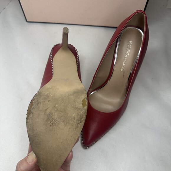 BCBG Generation Leather Stilletto Red Studded Shoes Almond toe heels Pumps - Picture 5 of 13